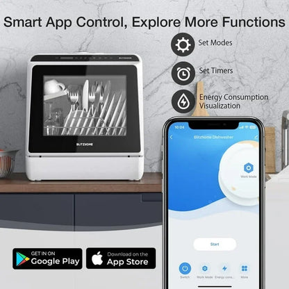 BLITZHOME Portable Countertop Dishwashers, Compact Smart Dishwashers with 5 L Built-in Water Tank,5 Modes and Baby Care for Apartments& RVs, No Installation Needed