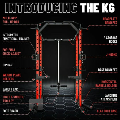 Mikolo Power Rack Cage, 1500 lbs Weight Rack with Cable Crossover Machine, Multi-Function Squat Rack with J Hooks, Dip Bars and Landmine for Home Gym (Red)