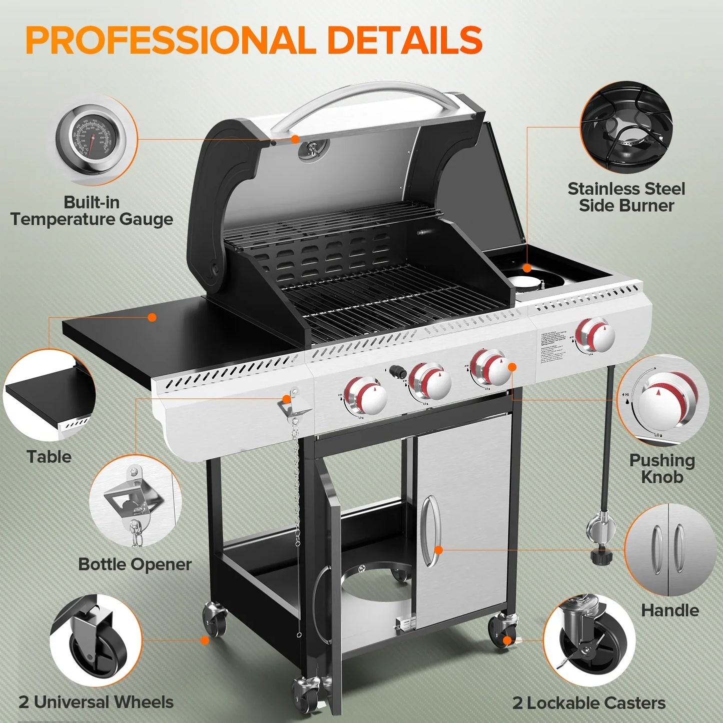 LHRIVER 3 Burner Propane Gas Grill with Side Burner, Stainless Steel 34,000 BTU Patio Garden Barbecue Grill