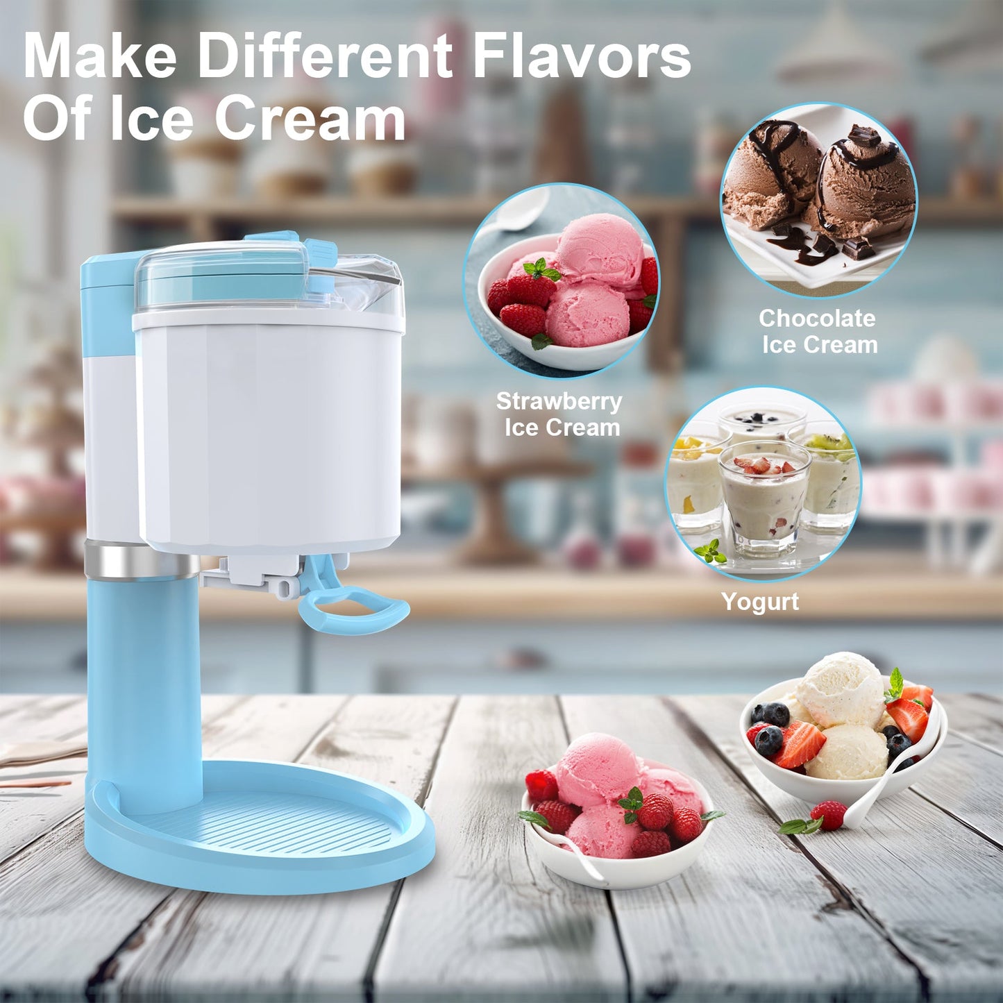 Ice Cream Maker, Frozen Yogurt Machine, for Homemade Gelato, Sorbet, Electric Soft Serve Maker, 1 Quart, Blue