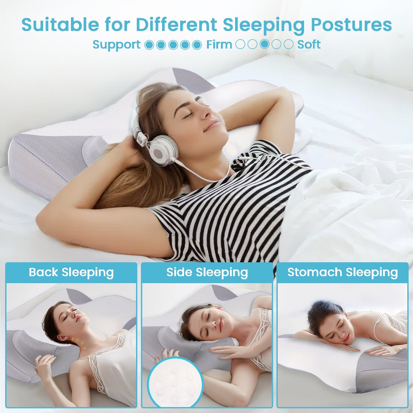 Cervical Pillow for Neck Pain Relief, Contour Memory Foam, Ergonomic Orthopedic Neck Support Pillow for Side, Back &amp; Stomach Sleepers with Breathable Pillowcase, Grey