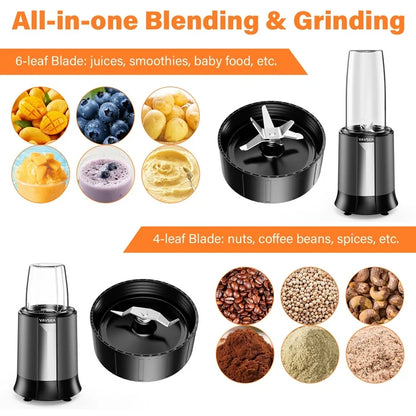 1200W Blender for Shakes and Smoothies,Personal Blender and Grinder Combo for Kitchen Countertop Smoothies Maker with 2 BPA-Free Portable Blender Cups,1 Grinding Cup and 4 Lids