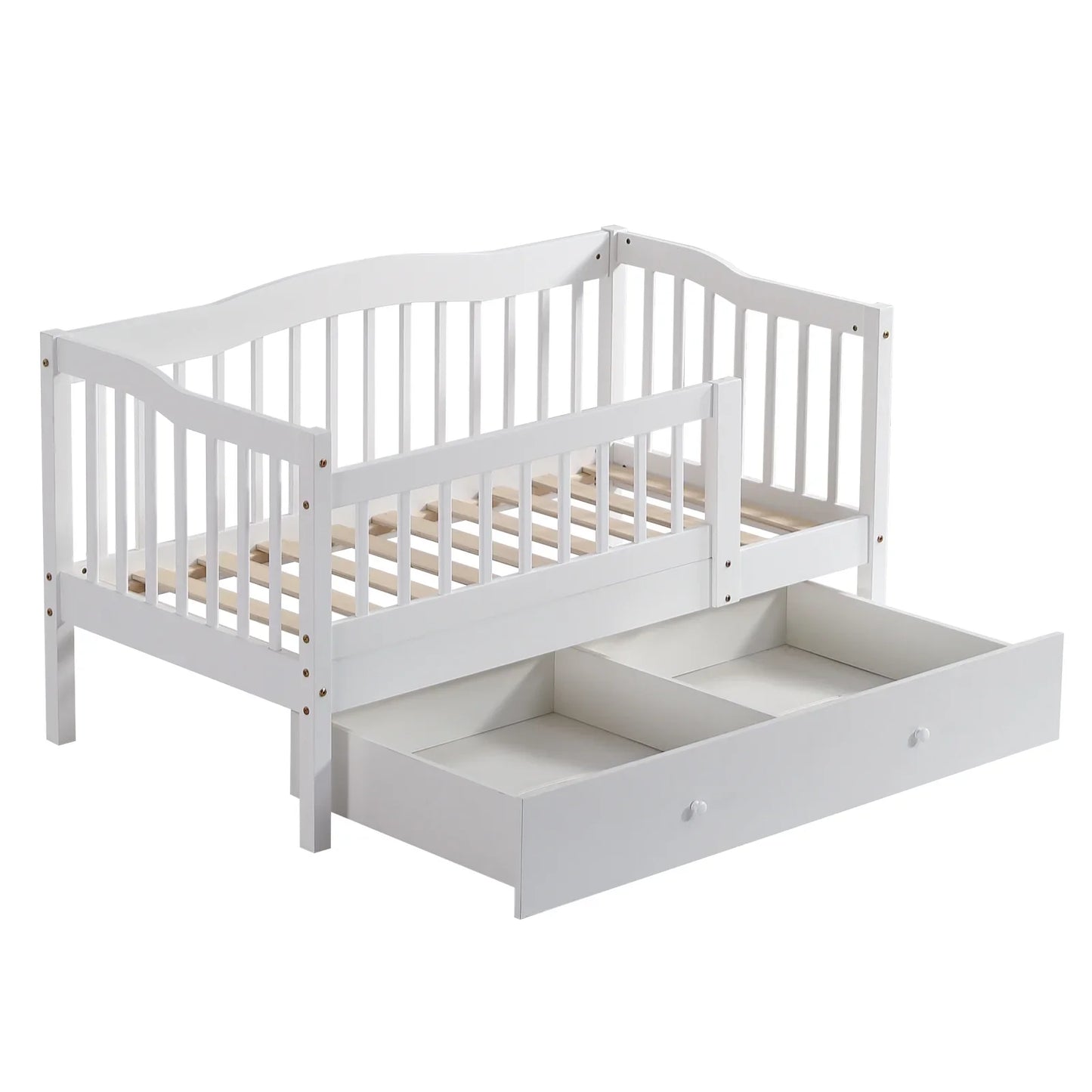 Zimtown Toddler Daybed, Wood Kids Day Bed Frame with Storage Drawer, Children Classic Sleeping Bedroom Furniture w/Safety Rail Fence (White)