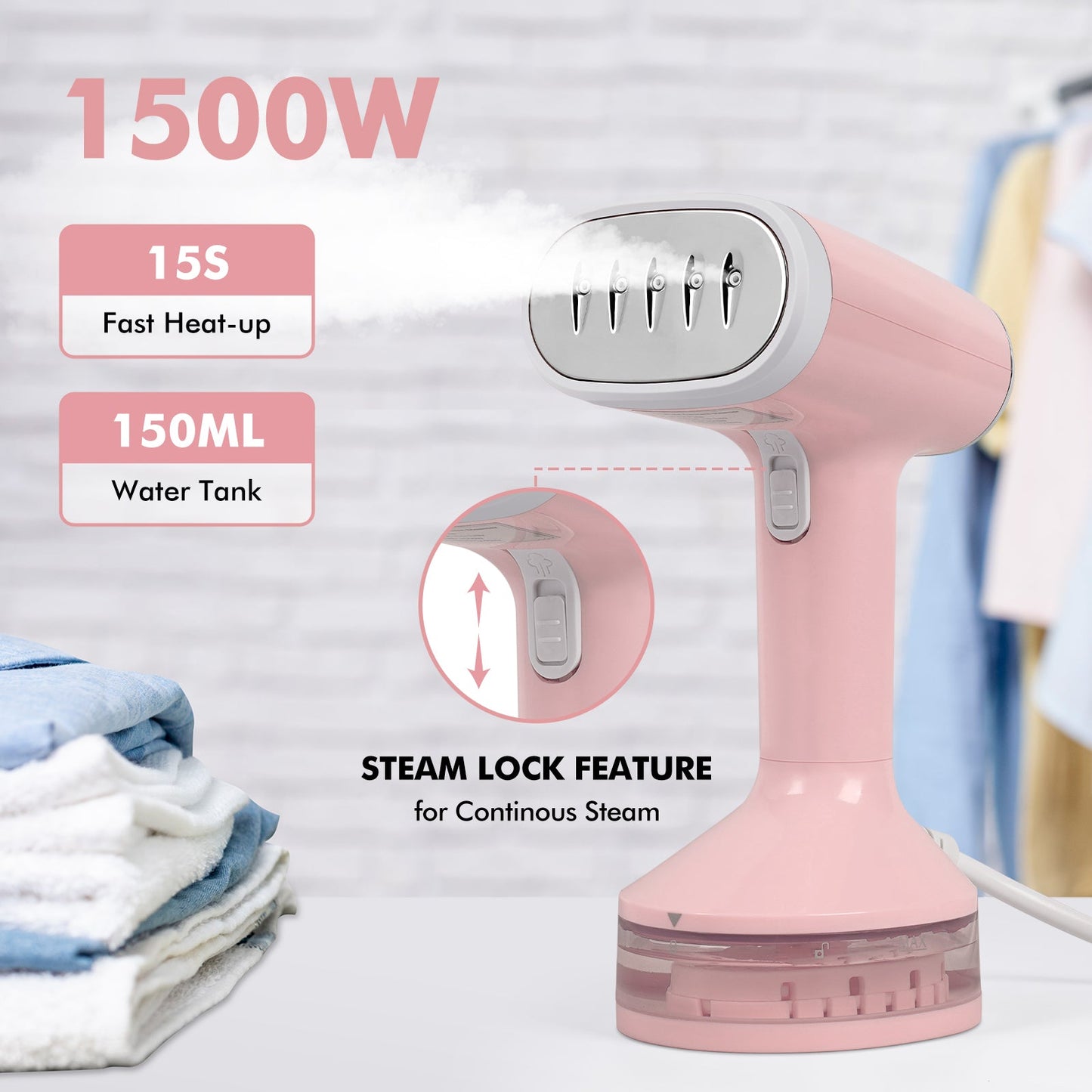 Steamer for Clothes, 1500W Portable Handheld Travel Garment Steamer, Steam Iron, Fabric Wrinkles Remover, 15s Fast Heat-up, Pink