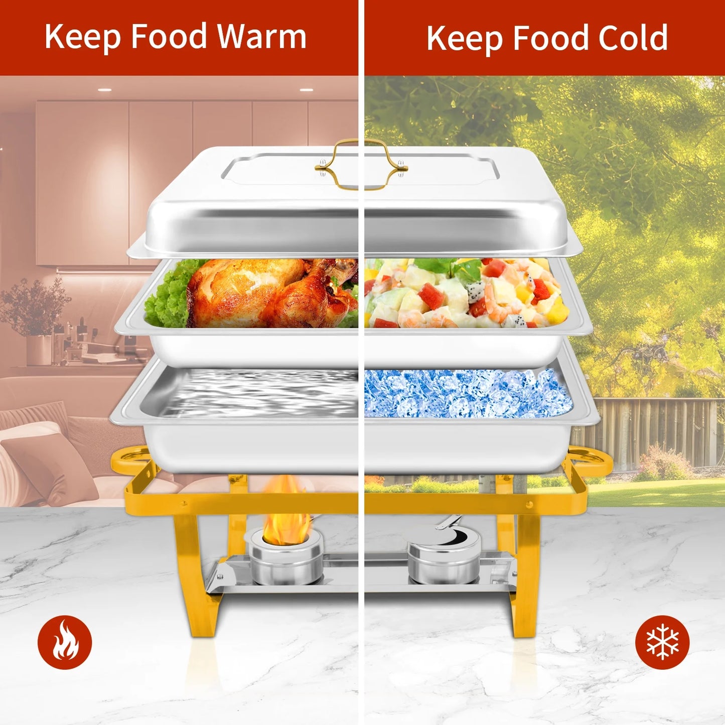 PRIJESSE Chafing Dishes for Buffet 4 Pack,9QT Elegant Gold and Silver Colors Stainless Steel Chafing Dish Buffet Set Chafers and Buffet Warmers Sets for Any Party with Complete Set