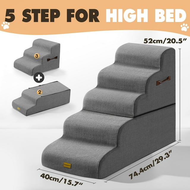 Gimars 5-Step Extra Wide Dog Stairs with 33D High-Density Foam, Non-Slip Pet Steps for Small and Medium Dogs, Removable Washable Cover, Easy to Clean