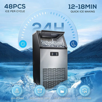 100Lbs/24H Commercial Ice Maker, 45 Cubes in 11 Mins, Stainless Steel, Auto Clean, Under Counter for Home/Bar Use， Auseo