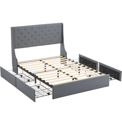 Zimtown Upholstered Full Platform Bed Frame w/ 4 Drawers, No Box Spring Needed, Gray