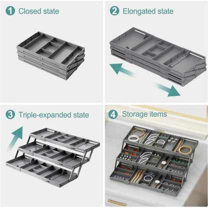 Katinyos 3 Tier Expandable Drawer Organizer, Multi Level Folding Desk Organizer, Cabinet Organizer for Makeup, Jewelry, Desk, and Office Drawers