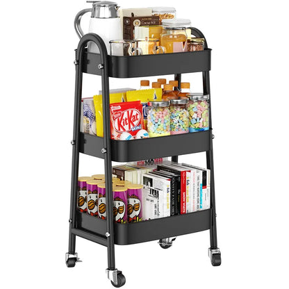 VAVSEA Metal Rolling Utility Cart, 3-Tier Rolling Storage Trolley Cart with Lockable Wheels, Laundry Room Organizer Cart with Handle for Kitchen Office Bathroom, Black