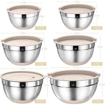 Mixing Bowls with Airtight Lids, 26Pcs Stainless Steel Bowls Set, 3 Grater Attachments & Black Non-Slip Bottoms Size 7, 4, 2.5, 2.0,1.5, 1QT, Great for Mixing & Serving