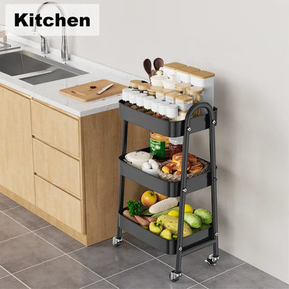 VAVSEA Metal Rolling Utility Cart, 3-Tier Rolling Storage Trolley Cart with Lockable Wheels, Laundry Room Organizer Cart with Handle for Kitchen Office Bathroom, Black