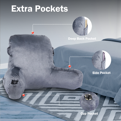 Reading Pillow, Extra Large 31" Back Support Pillow with Detachable Neck Roll, Bed Rest Pillow with Arms, 4 Pockets for Bed Rest Reading Watching TV Gaming