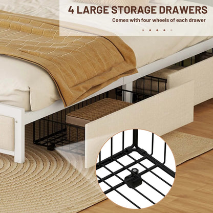 VLDTDRDI 500LBS Queen Bed Frame with LED Lights,Linen Upholstered Platform Bed with 4 Drawers and USB Ports,Heavy Duty Queen Size Metal Platform Bed,Beige