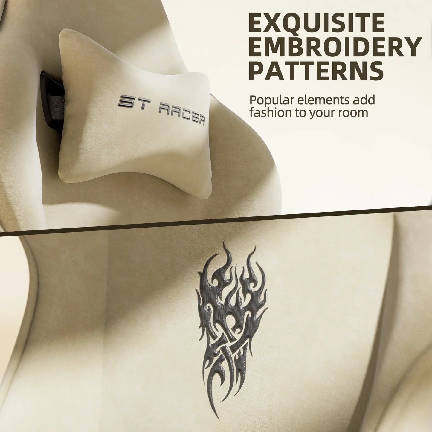 Luxvie Velvet Fabric Gaming Chair with Footrest High Back Ergonomic Gamer Chair with Headrest and Massage Lumbar Cushion Racing Reclining Video Game Chair for Adults Kids, Beige