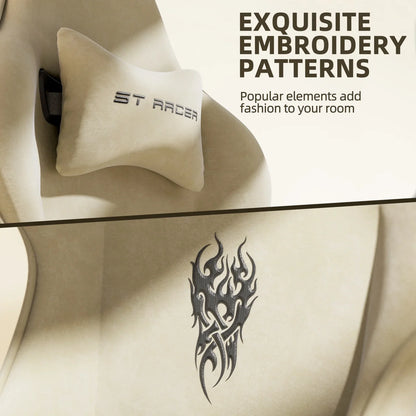 Luxvie Velvet Fabric Gaming Chair with Footrest High Back Ergonomic Gamer Chair with Headrest and Massage Lumbar Cushion Racing Reclining Video Game Chair for Adults Kids, Beige