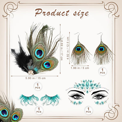 Peacock Feather Jewelry Set for Women Girls, Green Fascinator Feather Clip Earring Big Eyelashes and Glitter Face Jewels Makeup Stickers for Halloween Carnival Festival Party Hair Face Decorations