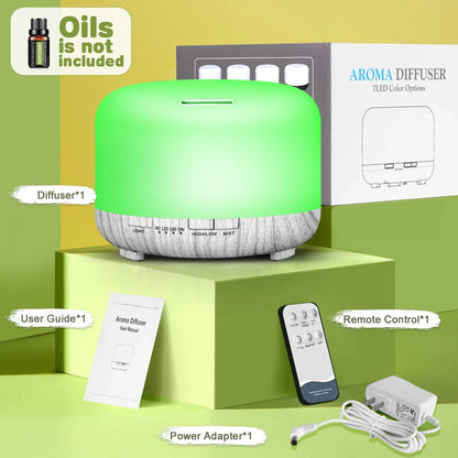 Fimilo 500ml Essential Oil Diffuser with 6*10ml Essential Oils Set, Upgraded White Wood Color Base Flower Aromatherapy Diffusers with Remote Control, Aroma Diffuser for Home Office