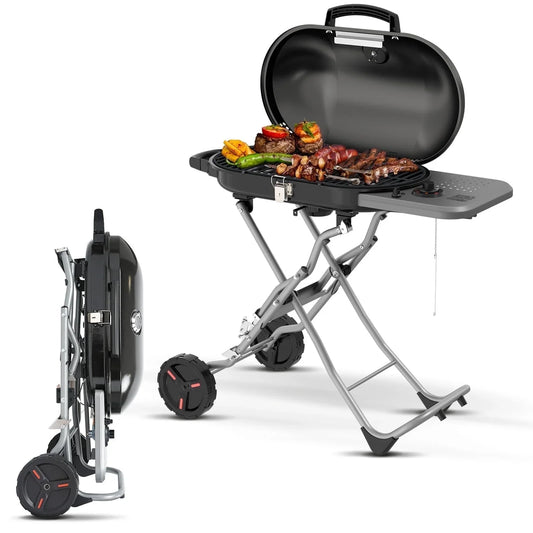 LHRIVER Portable Stand-Up Propane Grill, 15000 BTU Folding Gas Grill Cart with Side Table & 2 Wheels for Camping, Patio