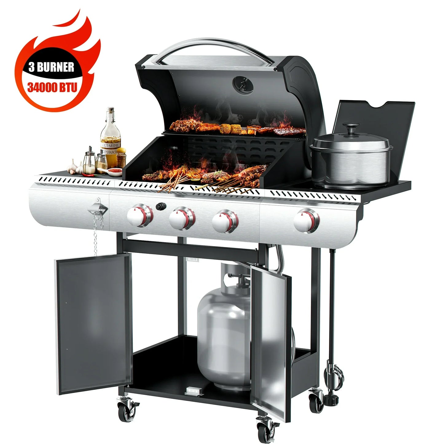 LHRIVER 3 Burner Gas Grill with Side Burner, Stainless Steel 345 In. Cooking Area Propane BBQ Grill