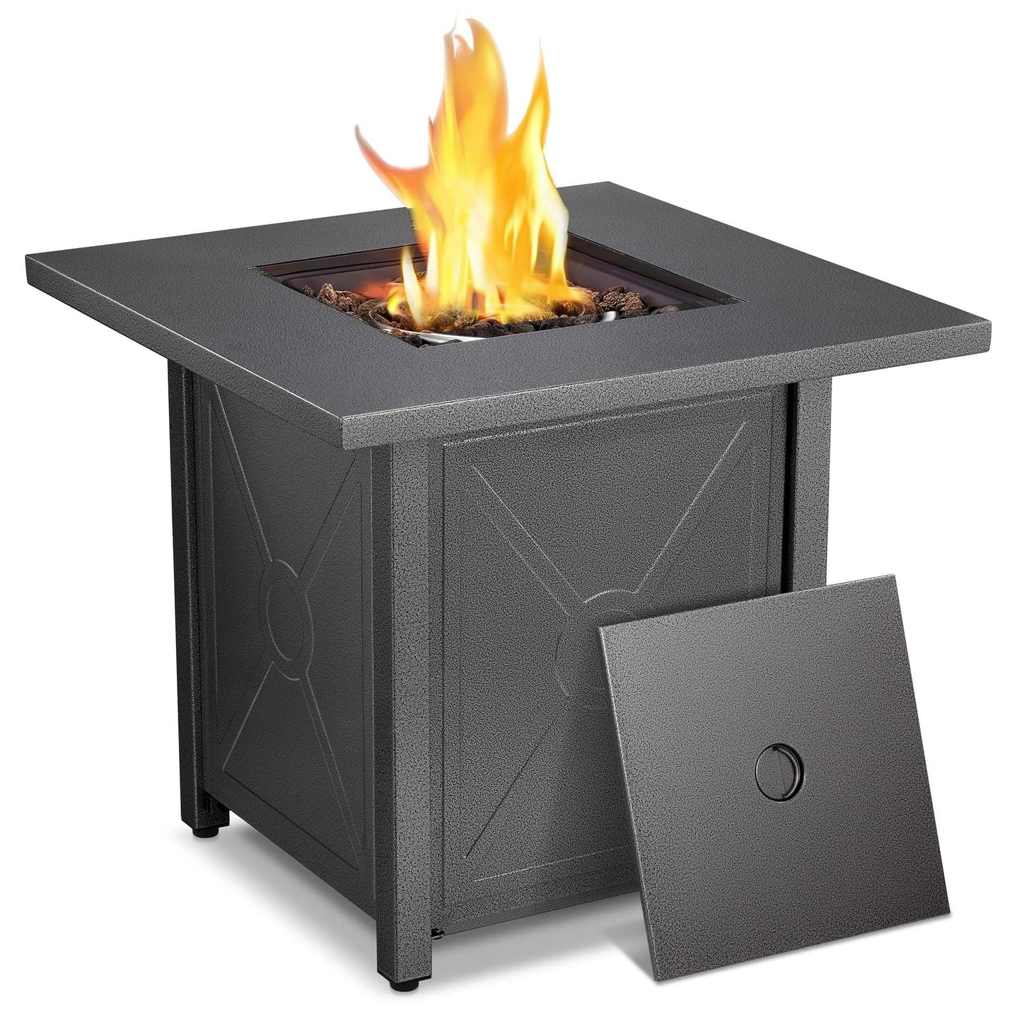 LHRIVER 28in Square Outdoor Fire Pit -Propane Metal Stove with Lava Rocks , 50000 BTU Heat Output, for Picnics/Bonfires/Patio Gardens