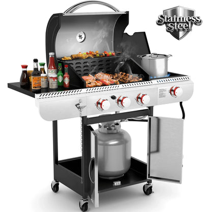 LHRIVER 3 Burner Propane Gas Grill with Side Burner, Stainless Steel 34,000 BTU Patio Garden Barbecue Grill