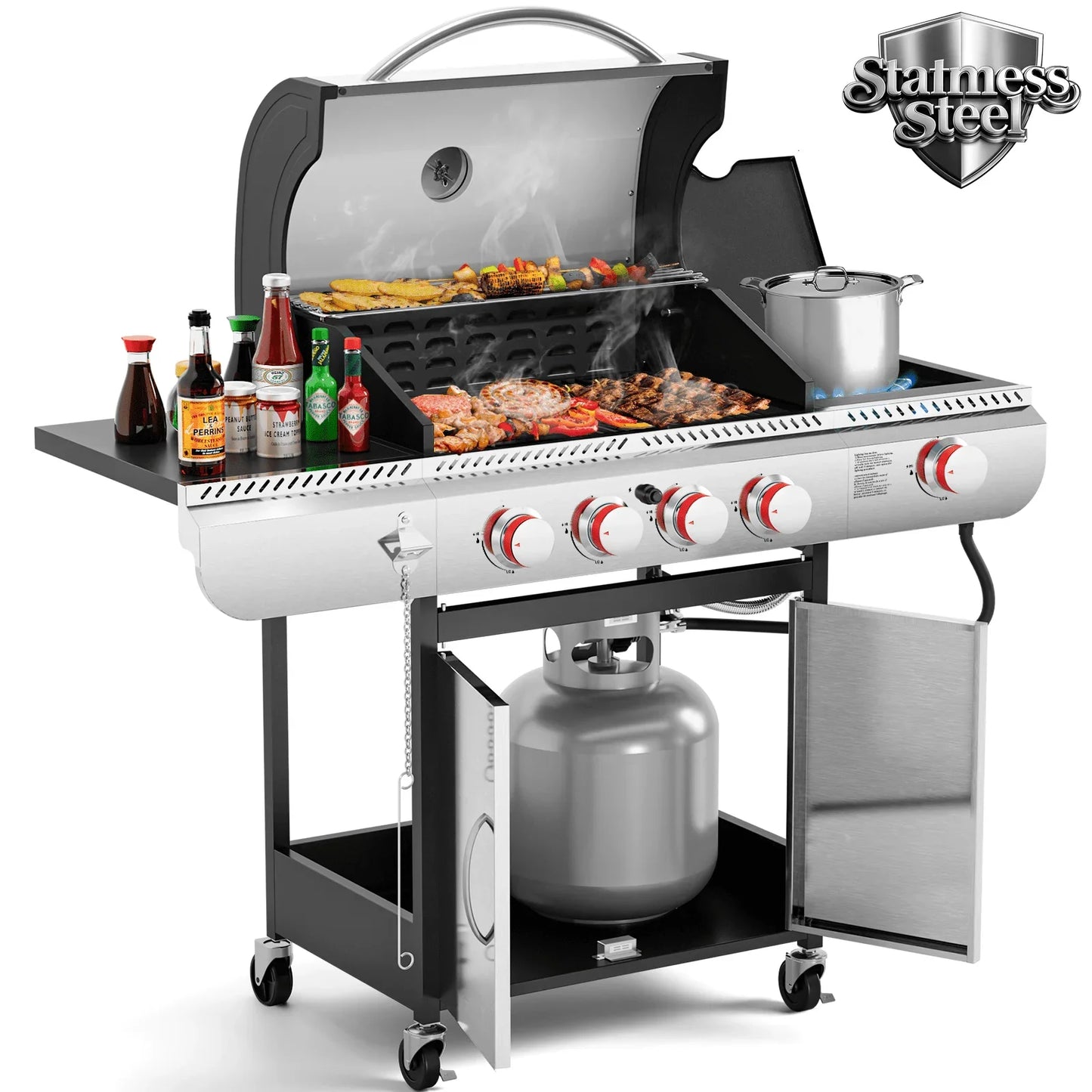 LHRIVER 4 Burner Stainless Steel Propane Gas Grill with Side Burner, Portable Outdoor Barbecue Cooking BBQ, 42,000 BTU