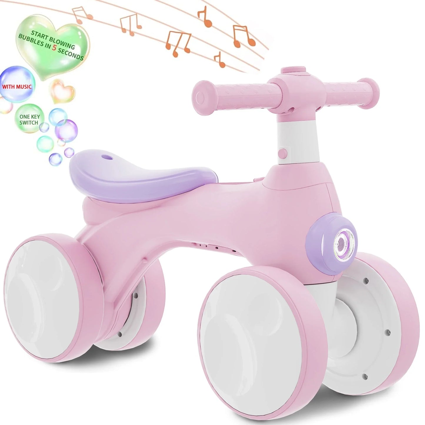 Baby Balance Bike for 1-2 Year Old Boys Girls, 4 Wheels Balance Bike with Lights & Sounds, Best Birthday Gift for Toddler, Toys for Baby Walker(Pink)