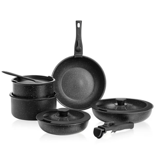 12pcs Non-Stick Cookware Set, Pots and Pans Set with Spatula and Detachable Handle for Kitchen, Black