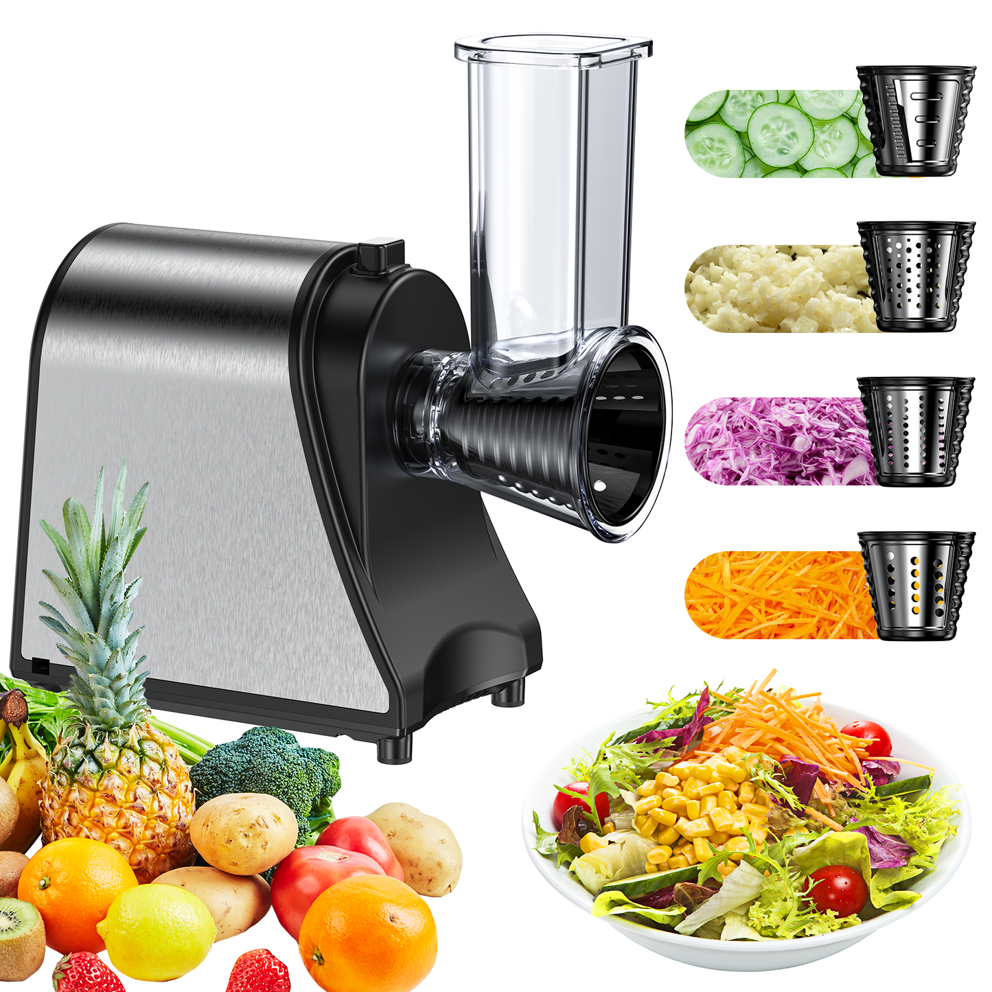 Electric Cheese Grater Shredder, Vegetable Chopper Slicer 250W Salad Maker for Home Kitchen Use with 4 Type Blades, One-Touch Easy Control