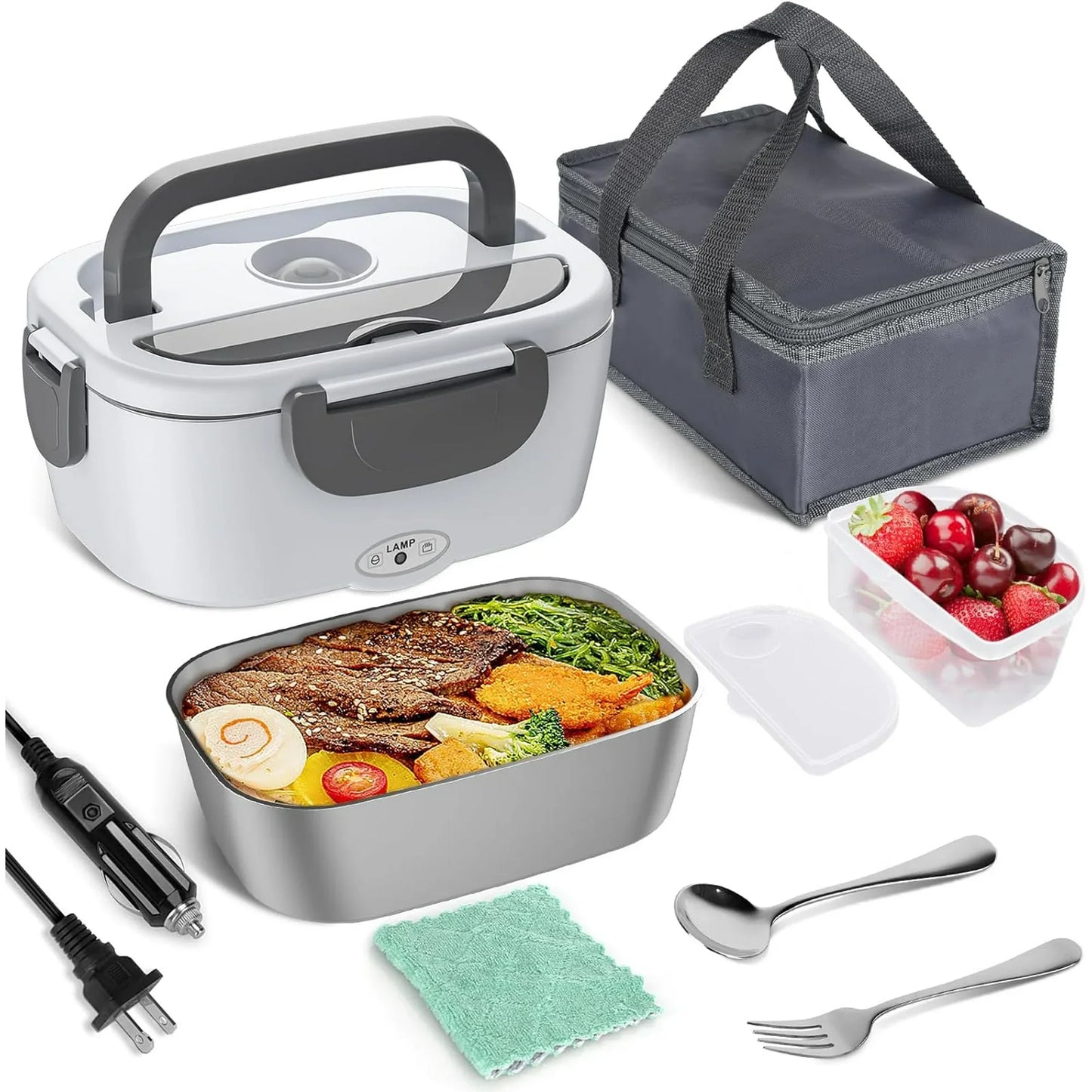 Electric Lunch Box Food Heater, AOKIWO 60-80W Electric Heating Lunch Boxes Lunch for Car/Men/Adults/Home/Work, 1.5L Removable 304 Stainless Steel Container, 110V/12V/24V, with Fork & Spoon