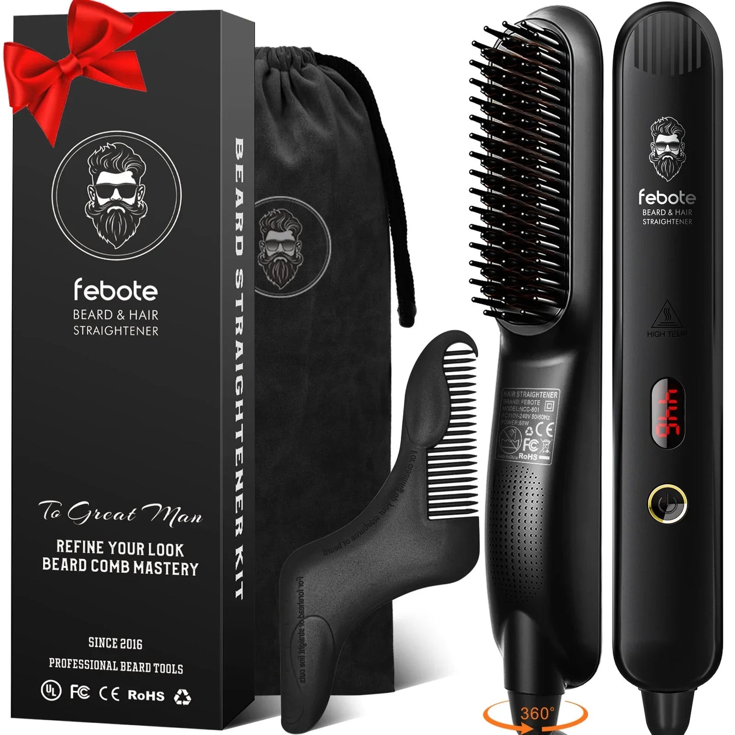 FEBOTE Beard Straightener Brush Kit for Men, Anti-Scalding Heated Styling Hair Comb, 5 Temperature Settings, Grooming Gifts with Bear Shaper and Travel Bag