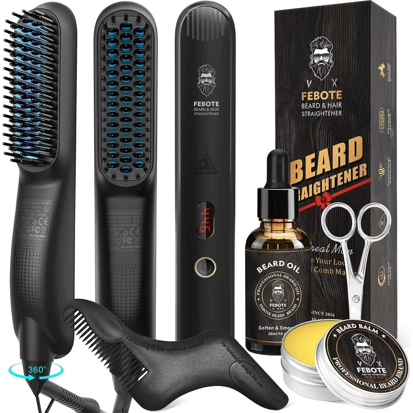 FEBOTE Beard Straightener Kit, Beard Growth Grooming Kit w/Beard Straightener, Beard Balm, Beard Growth Oil, Beard Styling Comb & Scissors, Unique Stocking Stuffer Gifts for Friend, Father & Him