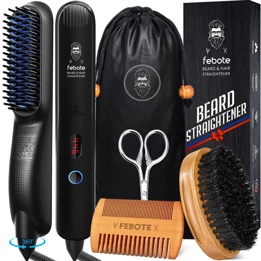 FEBOTE Upgraded 5-in-1 Beard Straightener Grooming Kit for Men - Beard Straightener, Beard Brush, Comb, Mustache Scissors & Travel Bag, Perfect Christmas Gift for Him