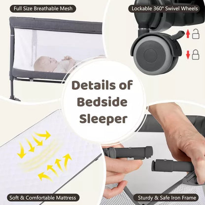 Kinder King Baby Bassinet with Wheels Easy Folding Portable All-Sided Mesh Adjustable Height Comfy Mattress & Carry Bag, Grey