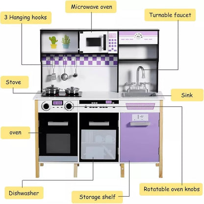 Kinder King Wooden Kids Play Kitchen, Toy Kitchen Playset for Toddler, Realistic Kitchen Set w/Lights & Sounds, Gift for Boys Girls Age 3+, Purple