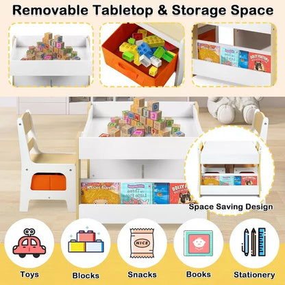 Kinder King Kids Wood Table & 2 Chairs Set, 4 in 1 Children Activity Table w/Double Bookcase, Blackboard, Toddler Furniture Set