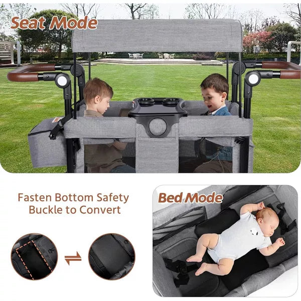 Kinder King Folding Wagon Stroller for 2 Kids, Adjustable Handle, All-Terrain Shock-Absorbing Wheel, Detachable Tray, Diaper Bag