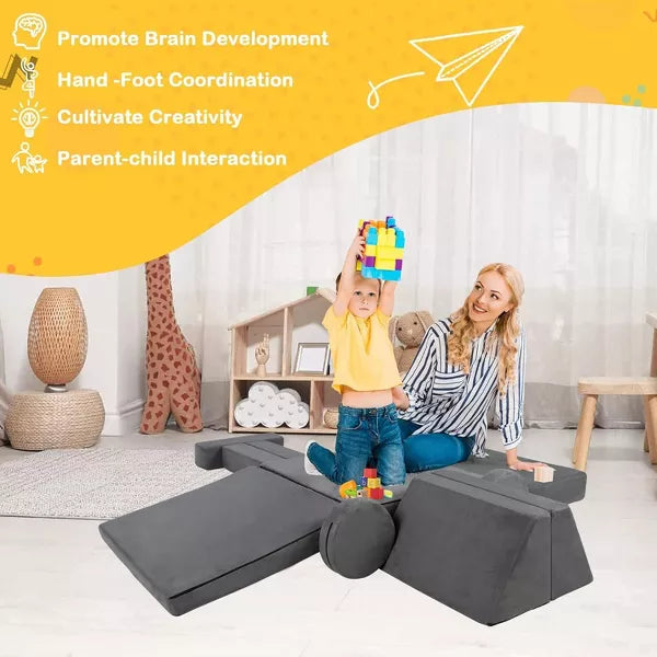 Kinder King 9PCS Kids' and Toddlers Convertible Sofa and Play Set Modular Foam Couch and Flip Out Lounger Indoor Furniture for Playroom Gray