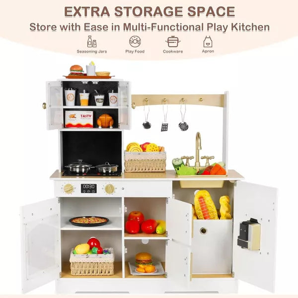 Kinder King Wooden Kids Play Kitchen, Toy Kitchen Playset for Toddler, Realistic Kitchen Sets w/Lights & Sounds, Gift for Boys Girls Age 3+