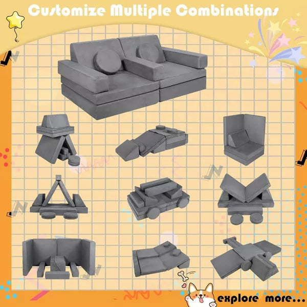 Kinder King 9PCS Kids' and Toddlers Convertible Sofa and Play Set Modular Foam Couch and Flip Out Lounger Indoor Furniture for Playroom Gray