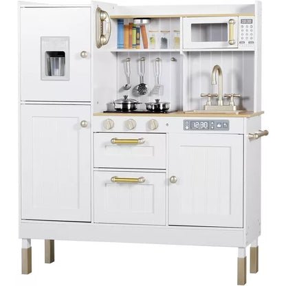 Kinder King Wooden Kids Play Kitchen, Toy Kitchen Playset for Toddler, Realistic Kitchen Sets w/Lights & Sounds, Gift for Boys Girls Age 3+, Gold