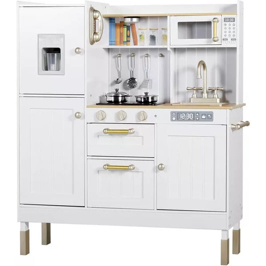 Kinder King Wooden Kids Play Kitchen, Toy Kitchen Playset for Toddler, Realistic Kitchen Sets w/Lights & Sounds, Gift for Boys Girls Age 3+, Gold