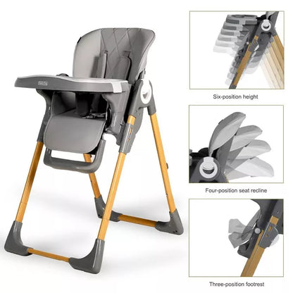 Kinder King Foldable 3 in 1 High Chair for Babies & Toddlers, Converts to Toddler Chair, Adjustable Height, Recline, Double Trays, Easy to Clean, Gray