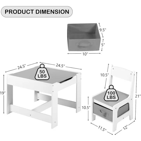 Kinder King 3-in-1 Kids Table & 2 Chairs Set with Storage, Removable Top & Blackboard, for Art, Crafts, Reading, Play