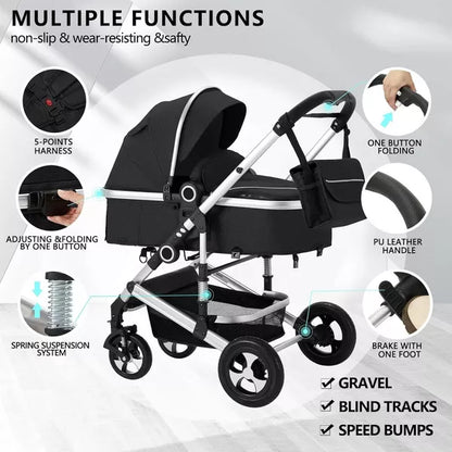 Kinder King Cozi 2 Convertible Baby Stroller, Folding High Landscape Infant Carriage, Adjustable Canopy, Diaper Bag, Anti-Shock