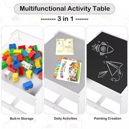 Kinder King 3-in-1 Kids Table & 2 Chairs Set with Storage, Removable Top & Blackboard, for Art, Crafts, Reading, Play