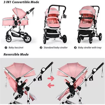 Kinder King Meno V 3 in 1 Reversible Baby Stroller w/Detachable Tray, Adjustable Canopy, Suspension Wheels