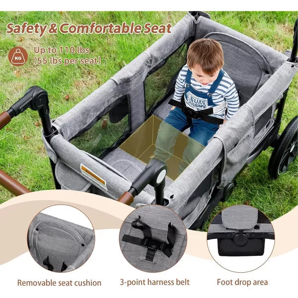 Kinder King Folding Wagon Stroller for 2 Kids, Adjustable Handle, All-Terrain Shock-Absorbing Wheel, Detachable Tray, Diaper Bag