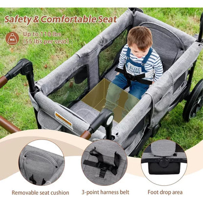 Kinder King Folding Wagon Stroller for 2 Kids, Adjustable Handle, All-Terrain Shock-Absorbing Wheel, Detachable Tray, Diaper Bag